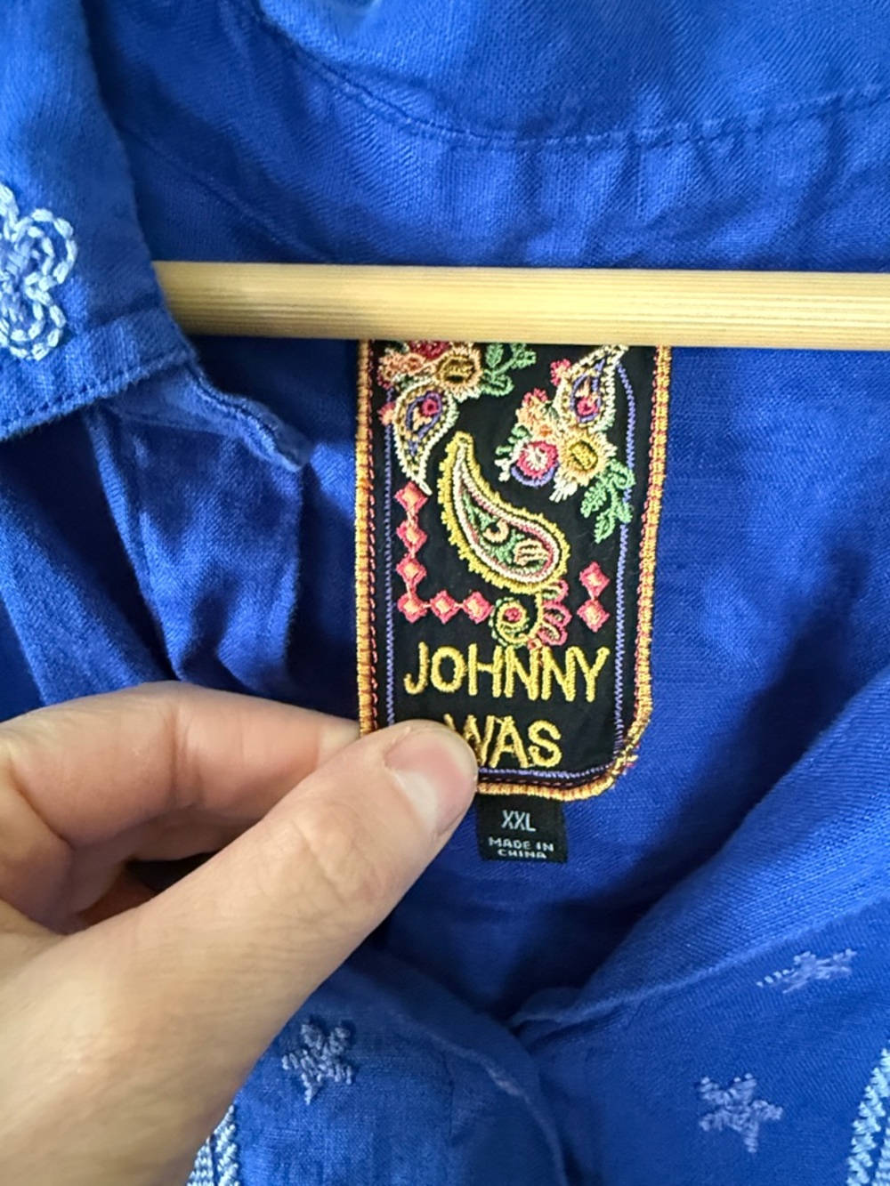 Johnny Was Blue linen Komono Sleeve Embroidered Paisley Collar Shirt XXL - Picture 2 of 9